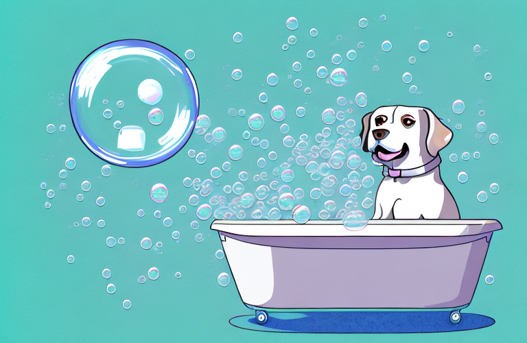 A dog being bathed in a tub of bubbles