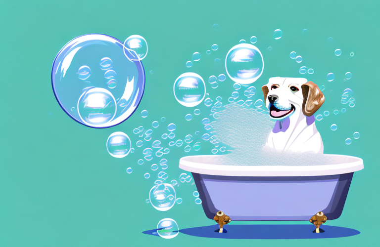 A dog being bathed in a tub of water with bubbles