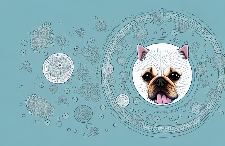 A dog surrounded by a microscopic view of the giardia parasite