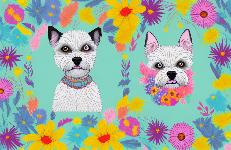 A female dog surrounded by colorful flowers