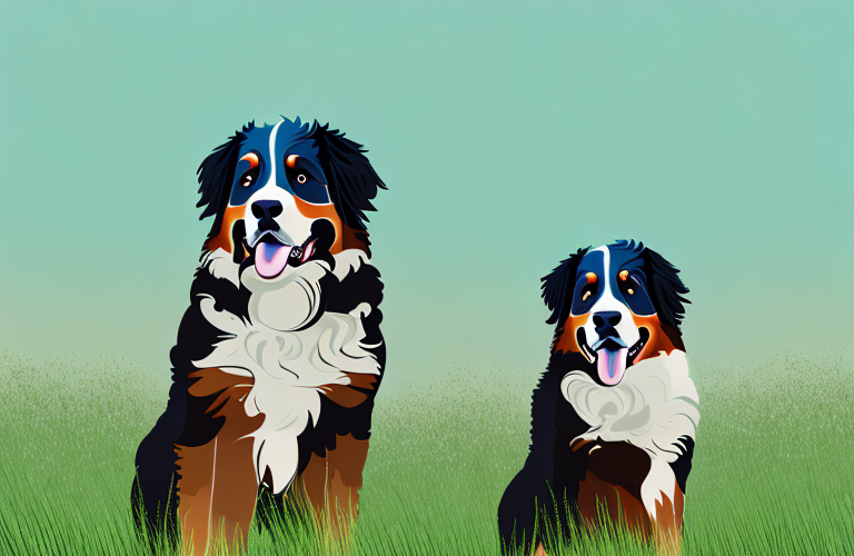 A bernese mountain dog standing in a grassy field