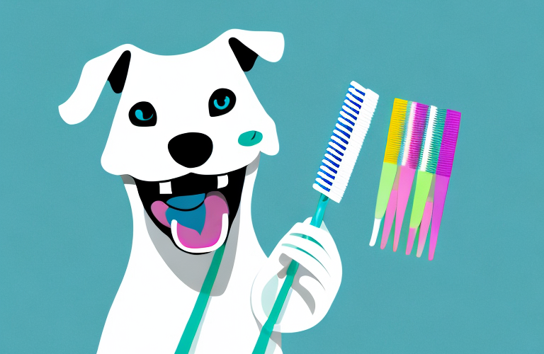 A happy dog with a toothbrush and toothpaste in its mouth