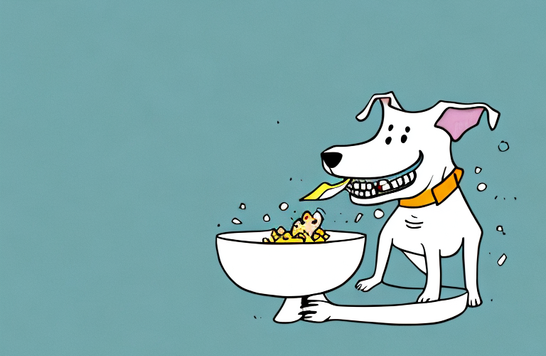 A happy dog eating from a bowl