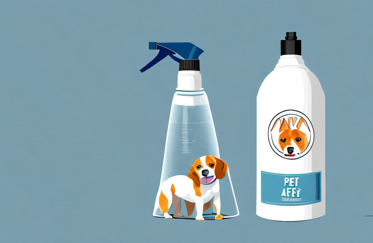 A dog and a bottle of pet-safe cleaning solution
