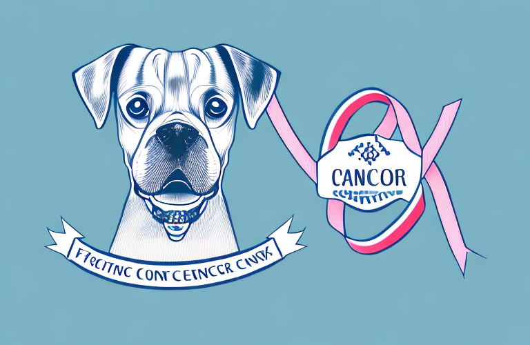 A dog with a cancer ribbon to represent the fight against canine cancer