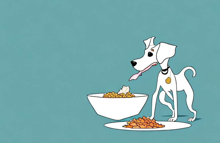 A skinny dog eating a bowl of food