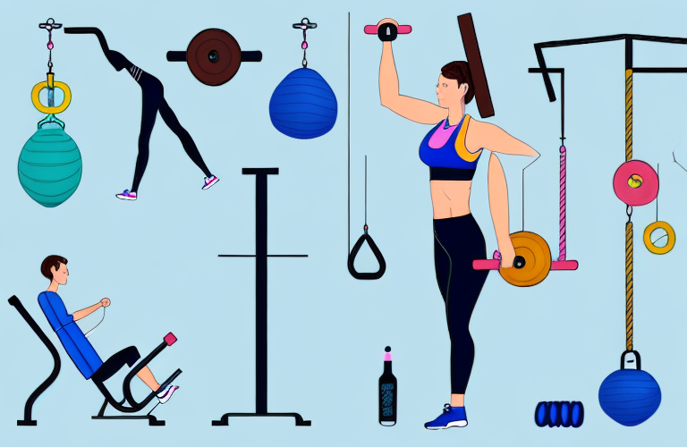 A person exercising in a gym environment with various pieces of fitness equipment