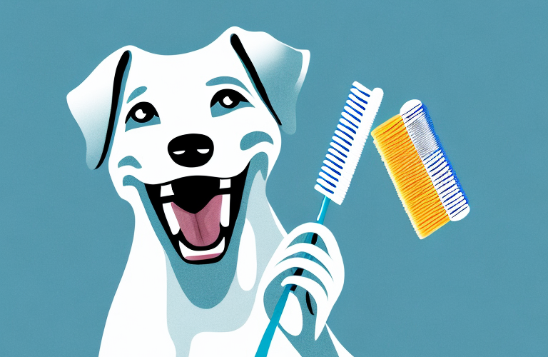 A dog with a toothbrush cleaning its teeth