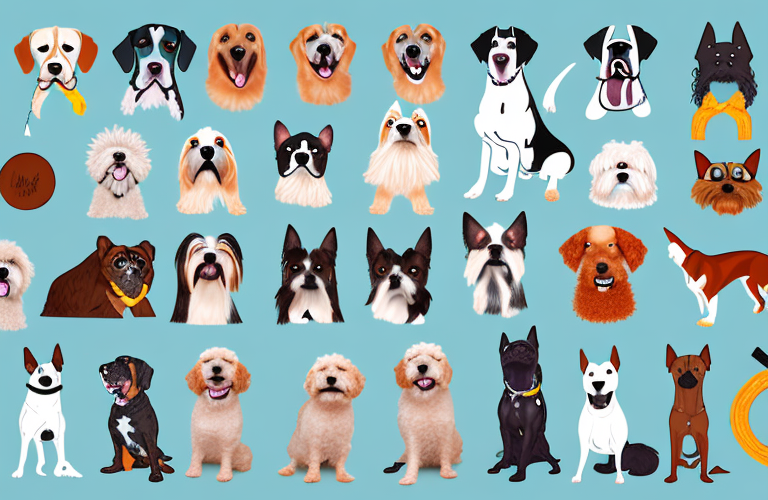 A variety of different dog breeds in a playful setting