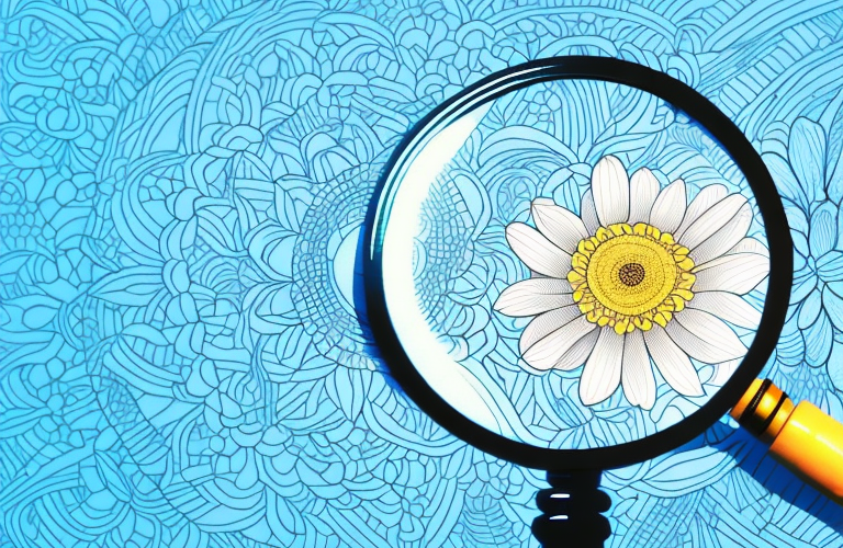 A flower in full bloom with a magnifying glass hovering over it