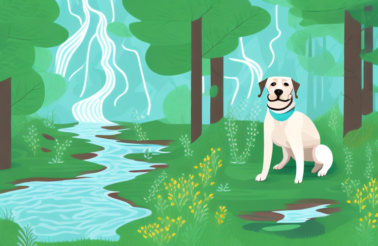 A dog surrounded by a forest with a stream running through it