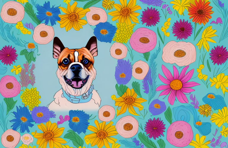 A dog surrounded by a variety of colorful flowers
