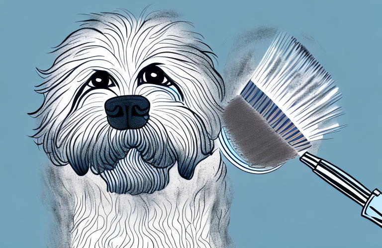 A dog with a brush and a pile of fur around it