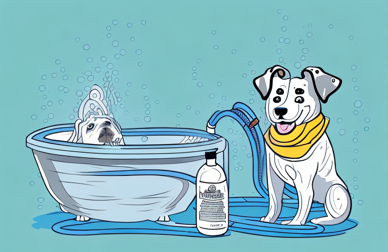 A dog being bathed with a hose and a bottle of skunk odor remover