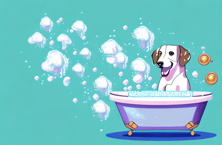 A dog being bathed in a tub of soapy water