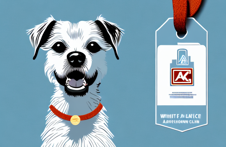 A dog with an akc registration tag around its neck