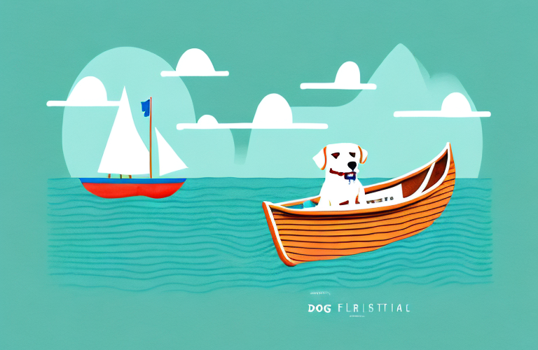 A dog in a boat sailing to a tropical island