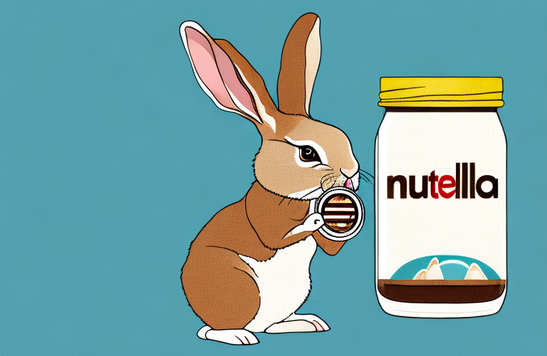 A rabbit eating nutella from a jar