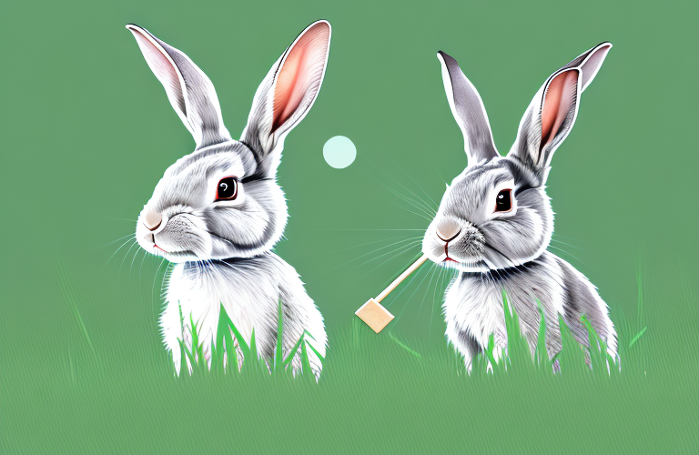 A rabbit nibbling on a stick in a grassy meadow