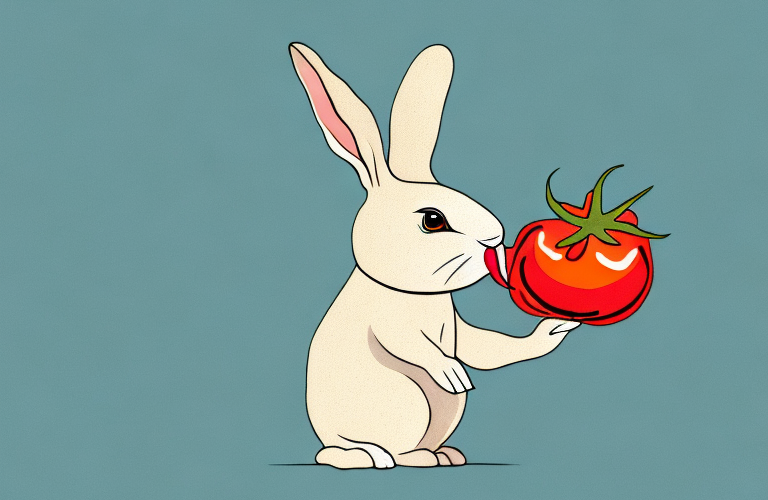 A rabbit eating a tomato sauce-covered vegetable