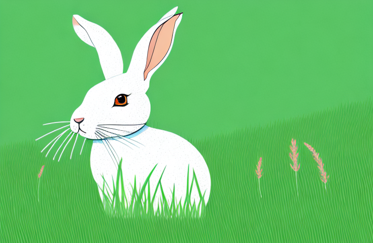 A rabbit eating grass in a grassy field