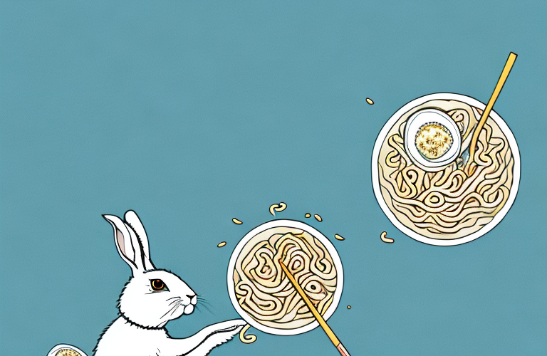 A rabbit eating a bowl of ramen noodles