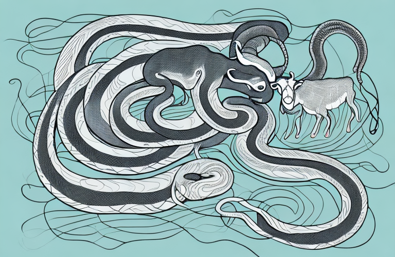 A ball python coiled around a goat