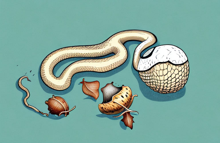 A ball python eating an acorn