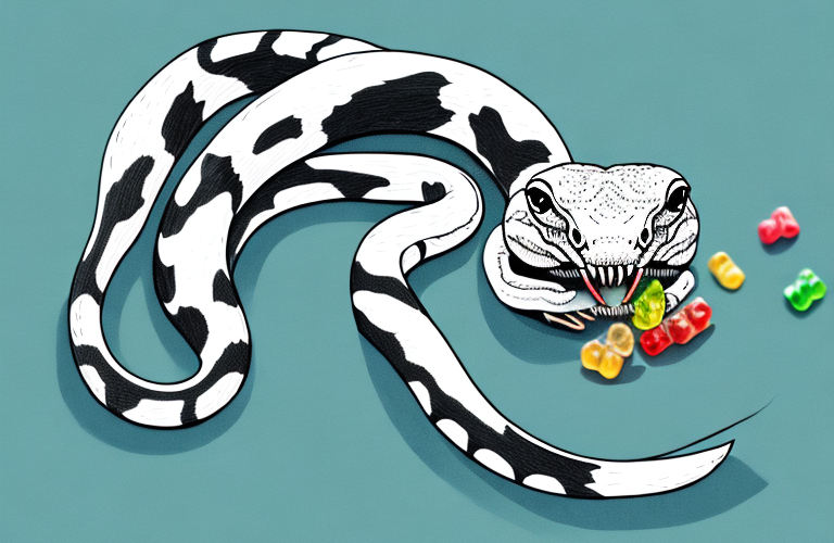 A ball python eating a gummy bear