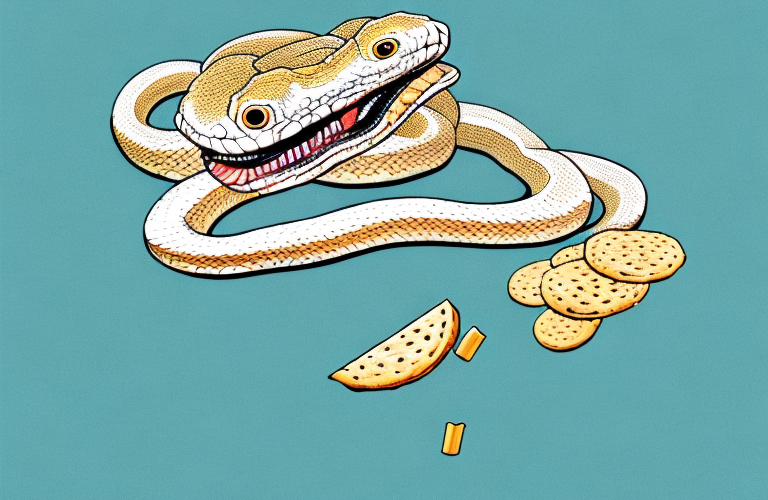 A ball python eating a ritz cracker