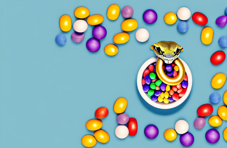 A ball python curled up around a bowl of skittles