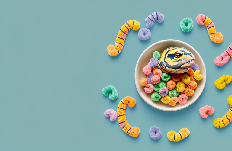 A ball python curled up around a bowl of sour patch kids