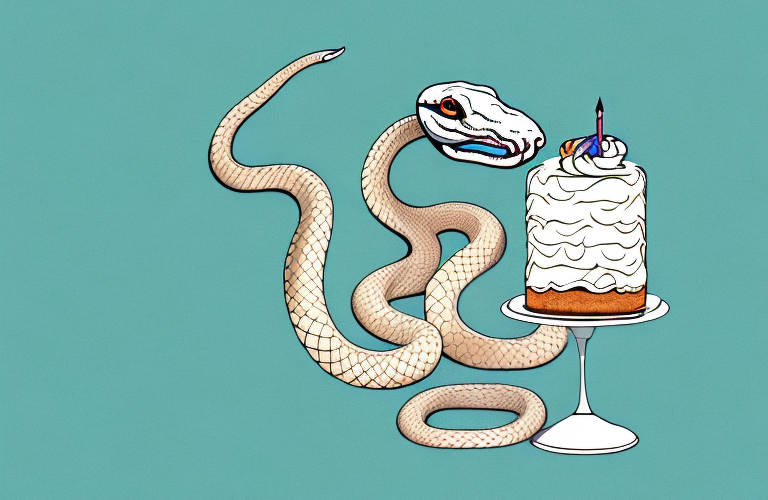 A ball python eating a piece of cake