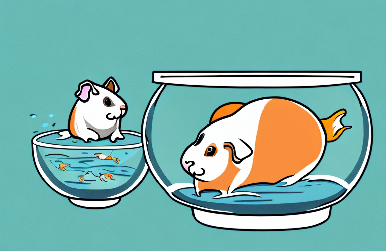 A guinea pig and a goldfish in a bowl together