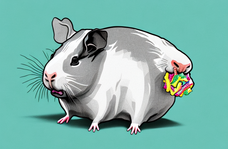 A hairless guinea pig eating a sour patch kid