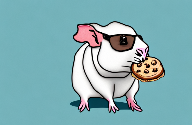 A hairless guinea pig eating a chocolate chip cookie