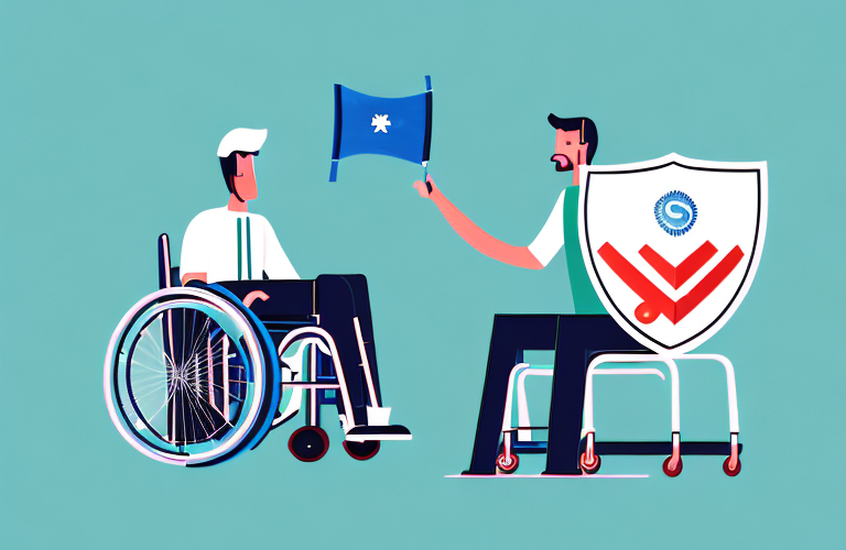 A person in a wheelchair with a shield and a dollar sign in the background