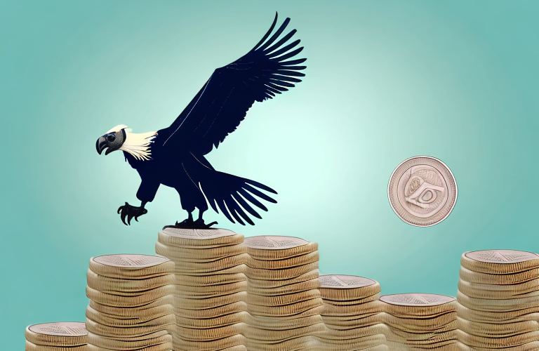 A vulture perched on a pile of coins
