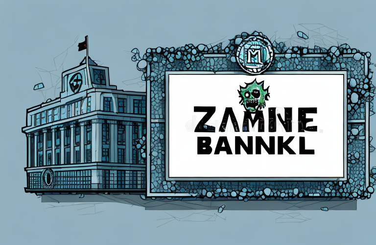 A zombie-like bank building with a sign in front