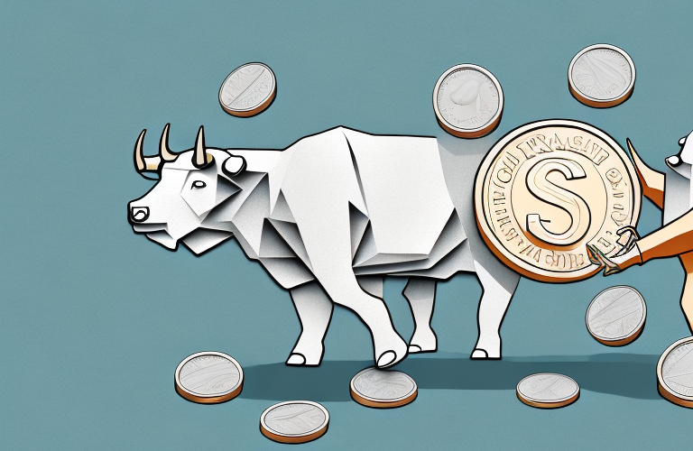 A bull and a bear squeezing a stack of coins