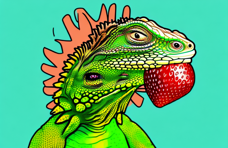 A green iguana eating a strawberry