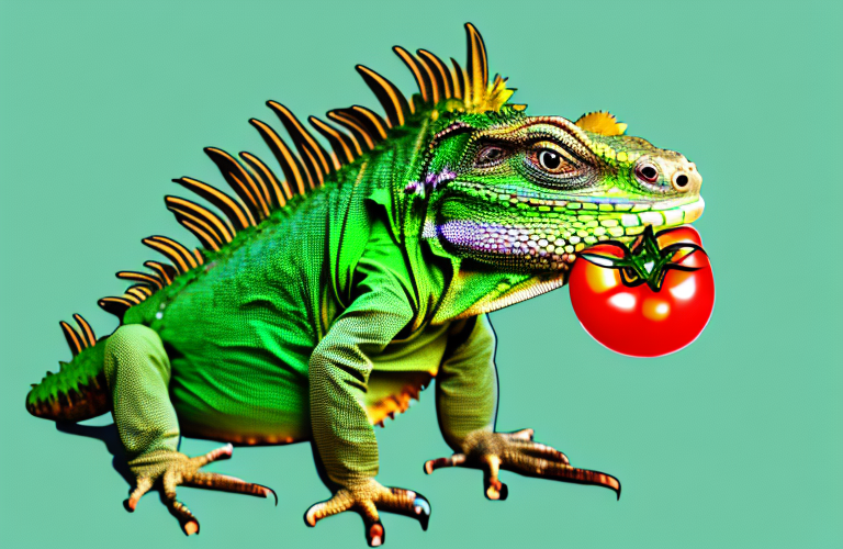 A green iguana eating a tomato