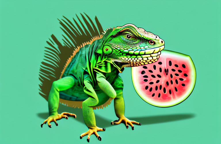 A green iguana eating a slice of watermelon