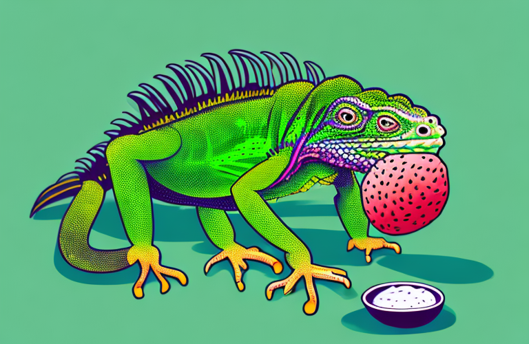 A green iguana eating an acai berry