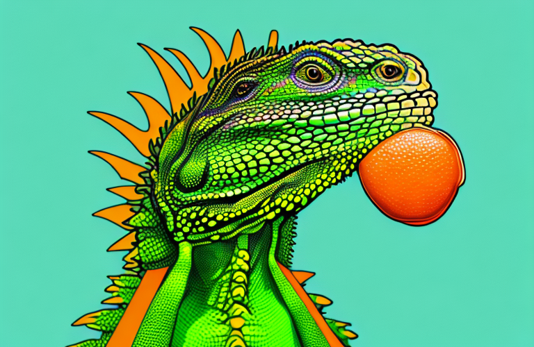 A green iguana eating a bergamot orange