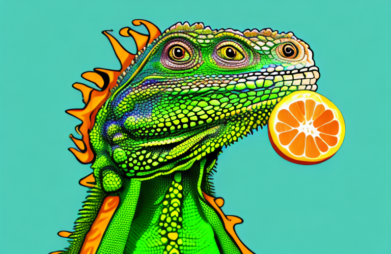 A green iguana eating a clementine