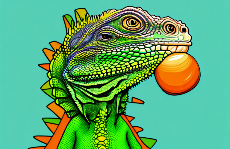 A green iguana eating a tangerine