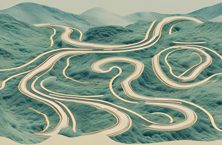 A winding road through a desert landscape