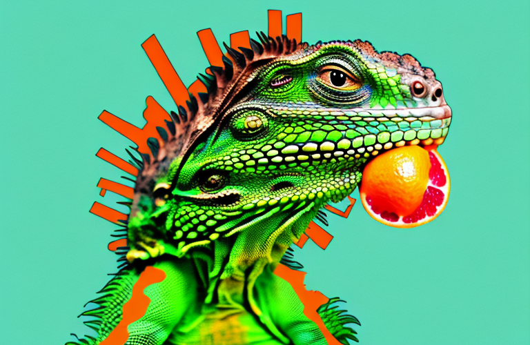 A green iguana eating a blood orange
