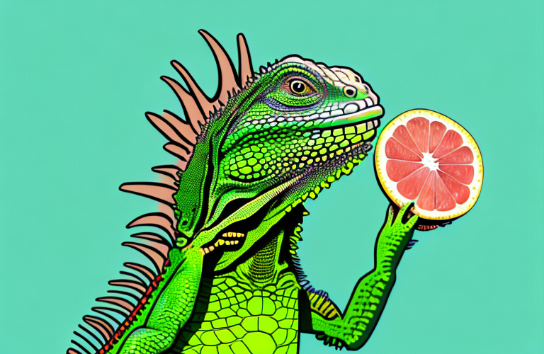 A green iguana eating a grapefruit